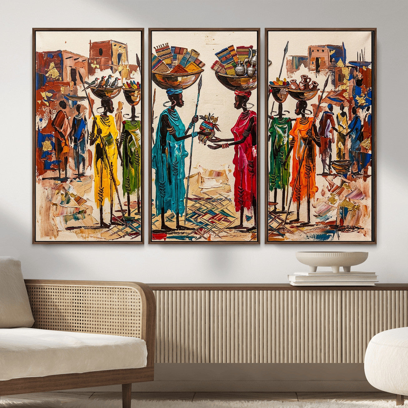 54818657-MGV-CV-36X24 - African Folk Art Canvas Wall Art, Colorful African Women Village Painting Print, Tribal Ethnic Home Decor, Vibrant African Art, Living Room