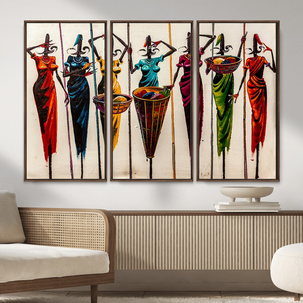 53545627-MGV-CV-36X24 - African Folk Art Canvas Wall Art, Colorful African Women Village Painting Print, Tribal Ethnic Home Decor, Vibrant African Art, Living Room