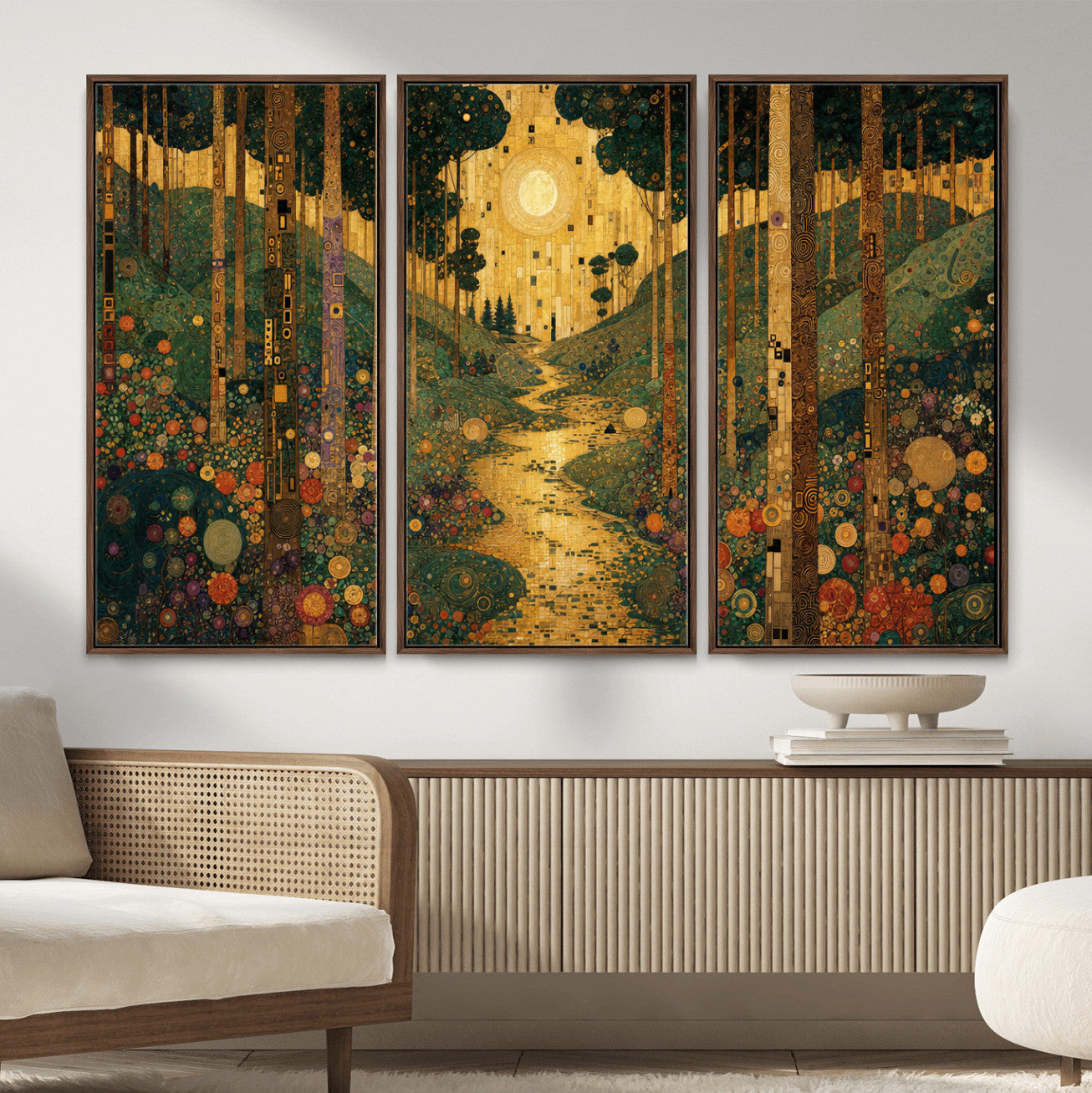 79483321GS-MGV-CV-48X32-3P - Gustav Klimt Style Forest Canvas Wall Art, Golden Forest Path Floral Art Nouveau Print, Enchanted Woodland Decor