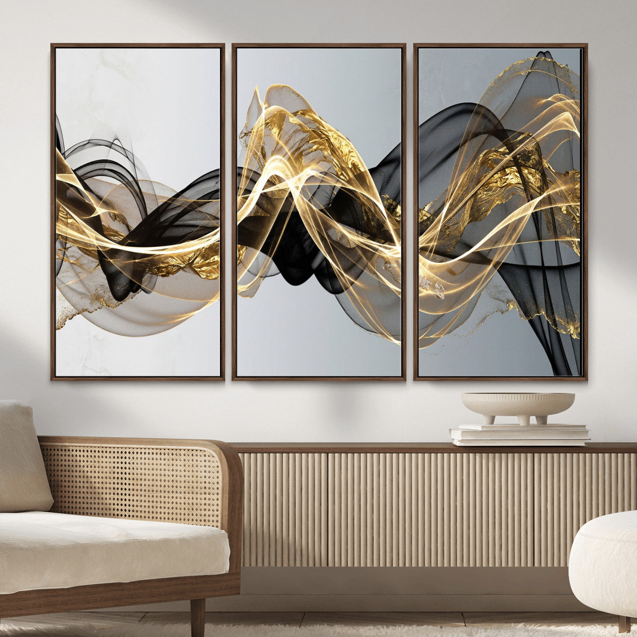 79483321DL-MGV-CV-36X24 - Black and Gold Abstract Wall Art, Modern Wave Canvas Print, Elegant Flowing Smoke Art, Luxury Living Room Decor