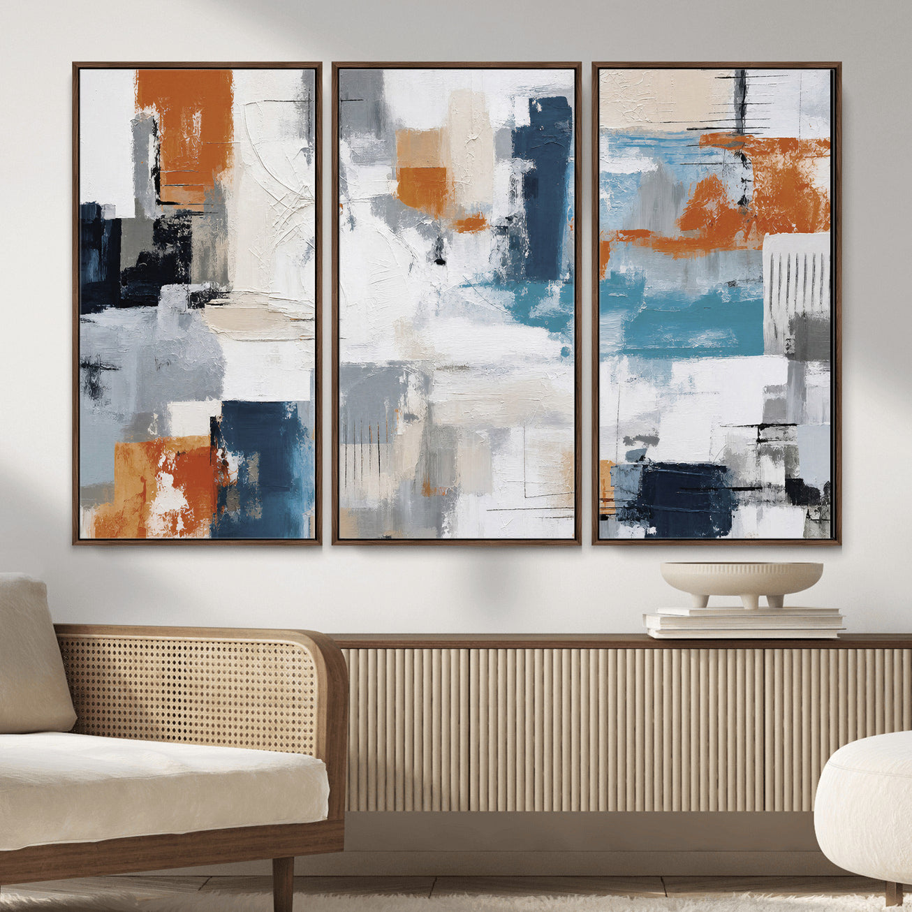 44950303-MGV-CV-36X24 - Blue Teal Abstract Canvas Wall Art, Modern Textured Painting Print, Navy Orange White Contemporary Art, Neutral Living Room Decor, Office Art