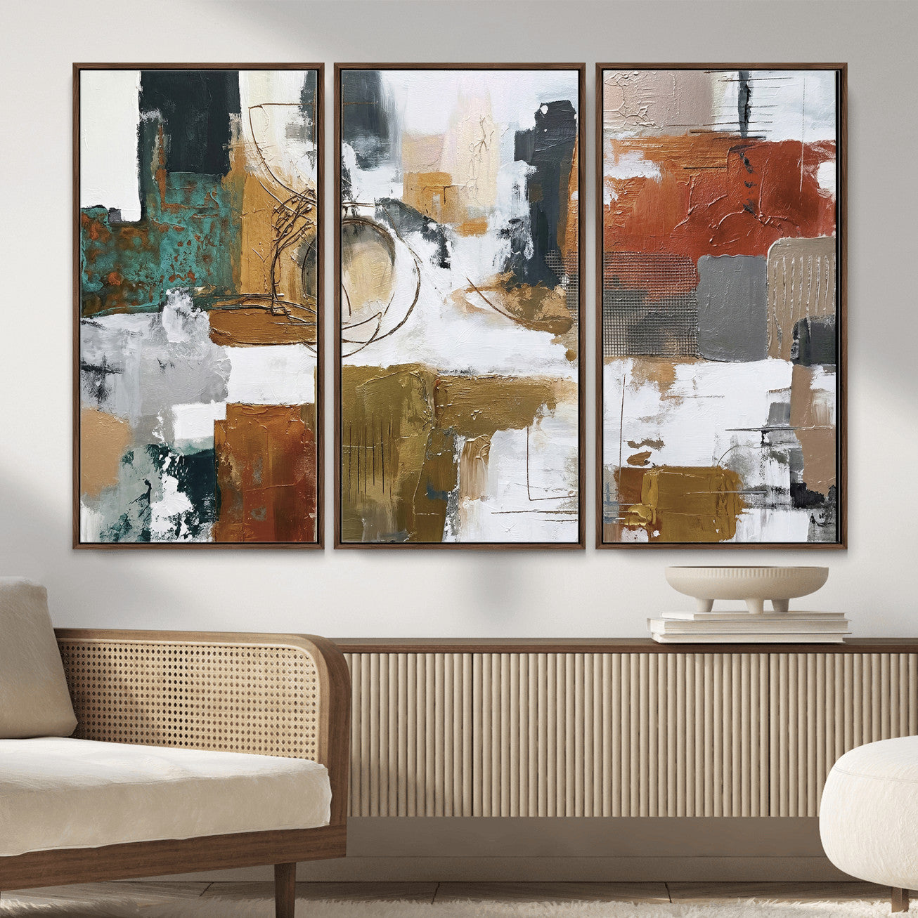 50720312-MGV-CV-36X24 - Blue Teal Abstract Canvas Wall Art, Modern Textured Painting Print, Navy Orange White Contemporary Art, Neutral Living Room Decor, Office Art