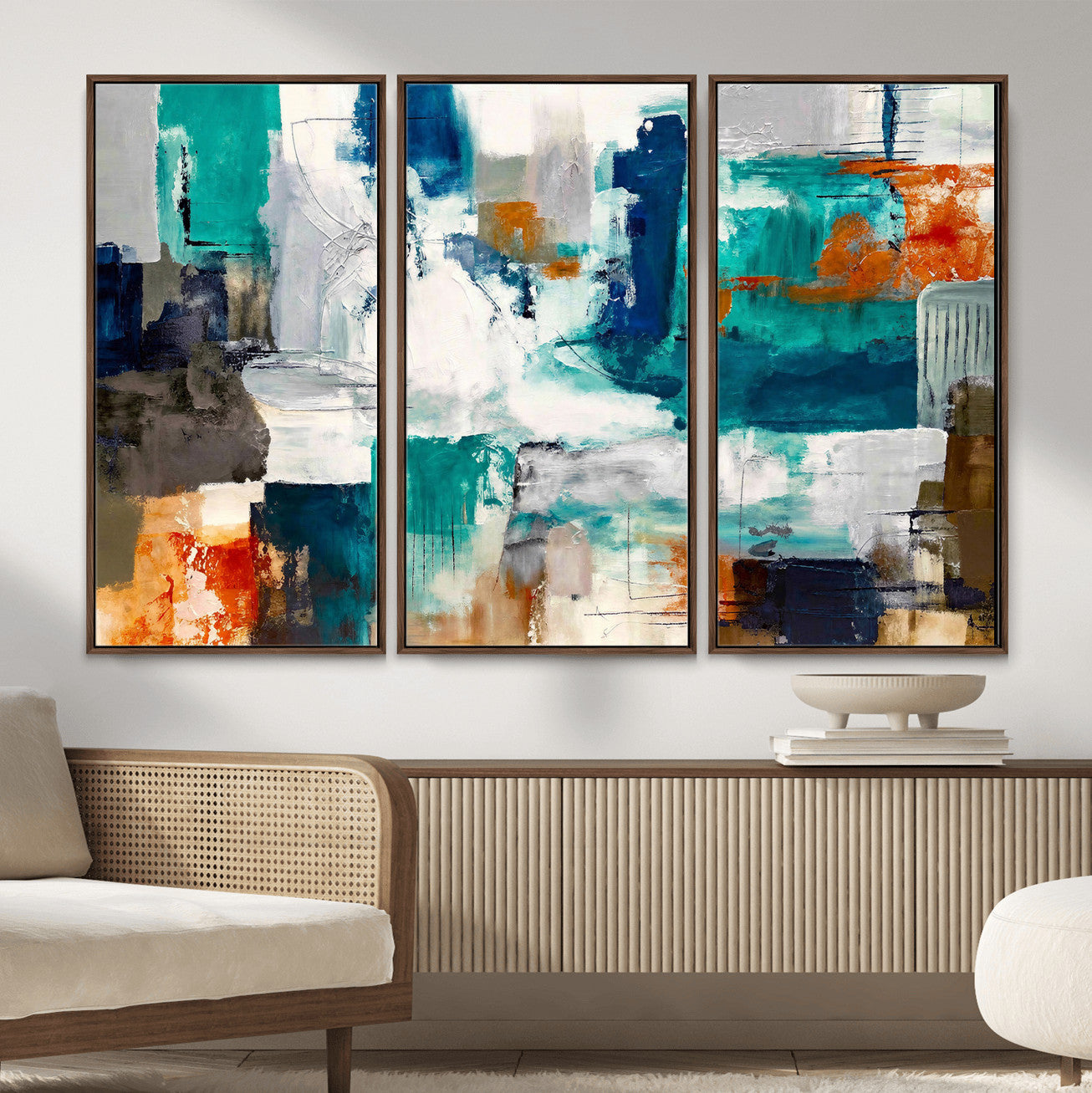 44038089-MGV-CV-36X24 - Blue Teal Abstract Canvas Wall Art, Modern Textured Painting Print, Navy Orange White Contemporary Art, Neutral Living Room Decor, Office Art