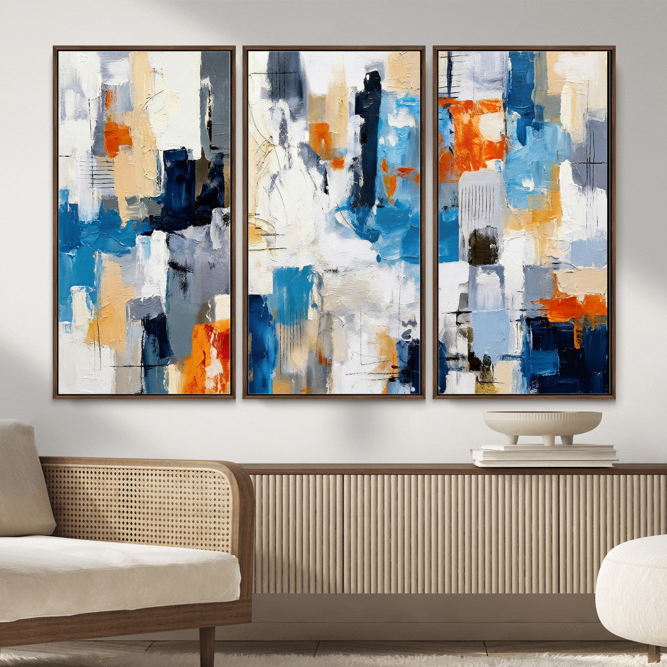 83915061-MGV-CV-36X24 - Blue Teal Abstract Canvas Wall Art, Modern Textured Painting Print, Navy Orange White Contemporary Art, Neutral Living Room Decor, Office Art