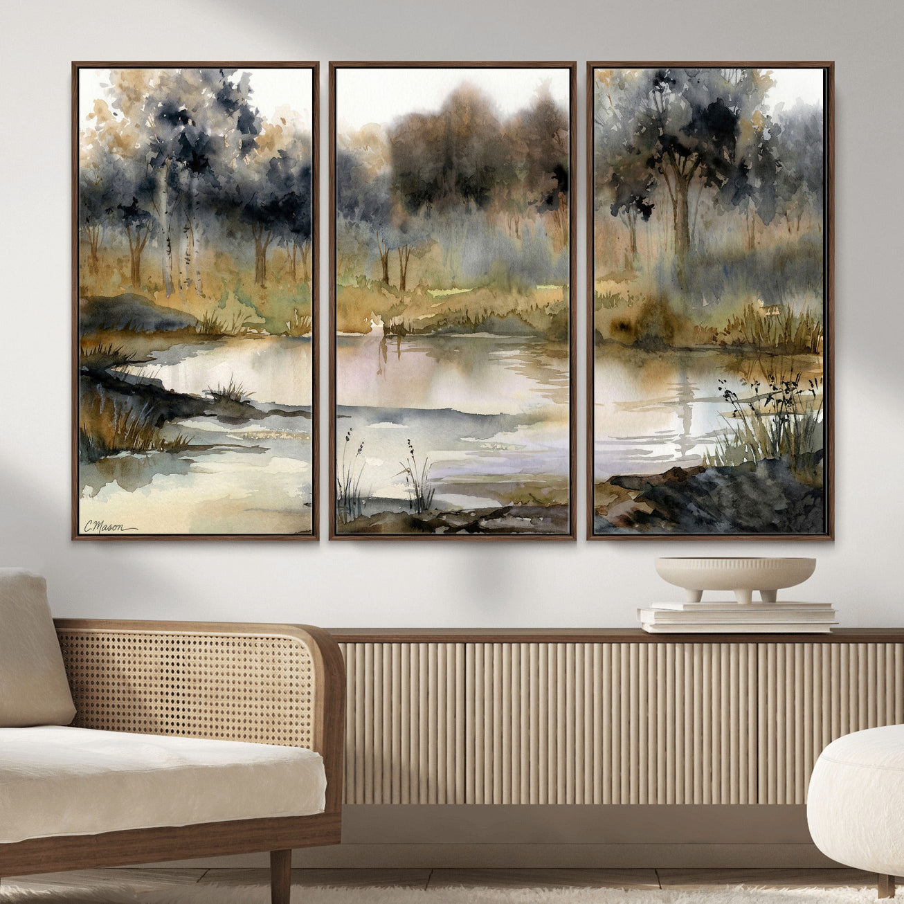 27383609-MGV-CV-36X24 - Abstract WatercolorAutumn Lake Canvas Wall Art Print, Misty Forest Landscape, Rustic Nature Painting, Cabin Wall Decor, Ready to Hang