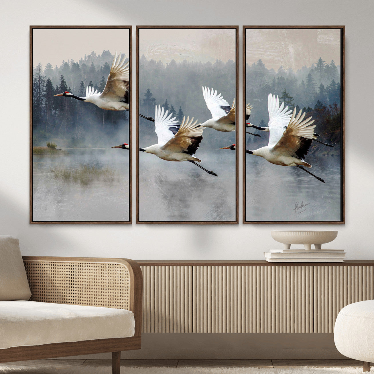 24356826-MGV-CV-36X24 - Flying Crane Canvas Wall Art Print, White Crane Bird Artwork, Wildlife Nature Decor, Lake Landscape Canvas - Ready to Hang