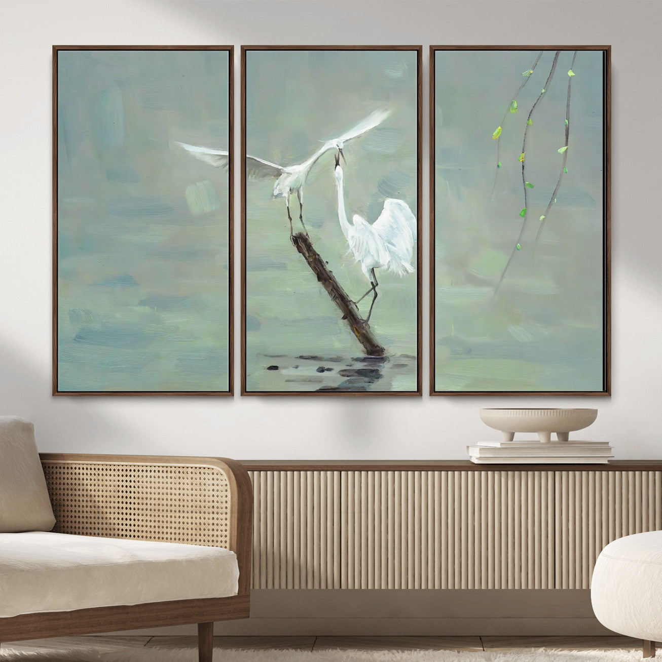 91124838-MGV-CV-36X24 - Two White Egrets on Marsh Branch Wall Art Canvas Print - Vintage Style Coastal Bird Poster