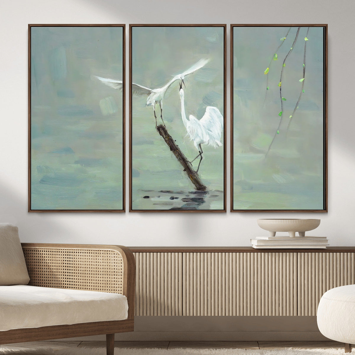 91124838-MGV-CV-36X24 - Two White Egrets on Marsh Branch Wall Art Canvas Print - Vintage Style Coastal Bird Poster