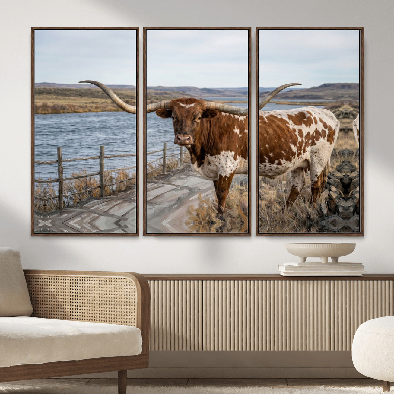 91575949-MGV-CV-36X24 - Texas Longhorn Cattle in Desert Pasture Wall Art Canvas Print - Rustic Western Decor