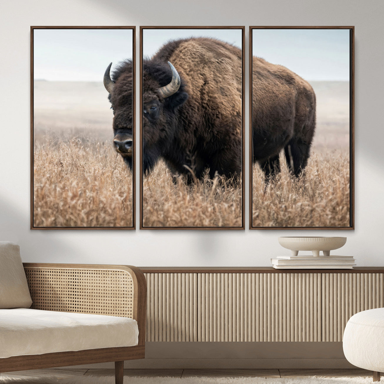 81029583-MGV-CV-36X24 - American Bison in Prairie Field Wall Art Canvas Print - Rustic Wildlife Photography