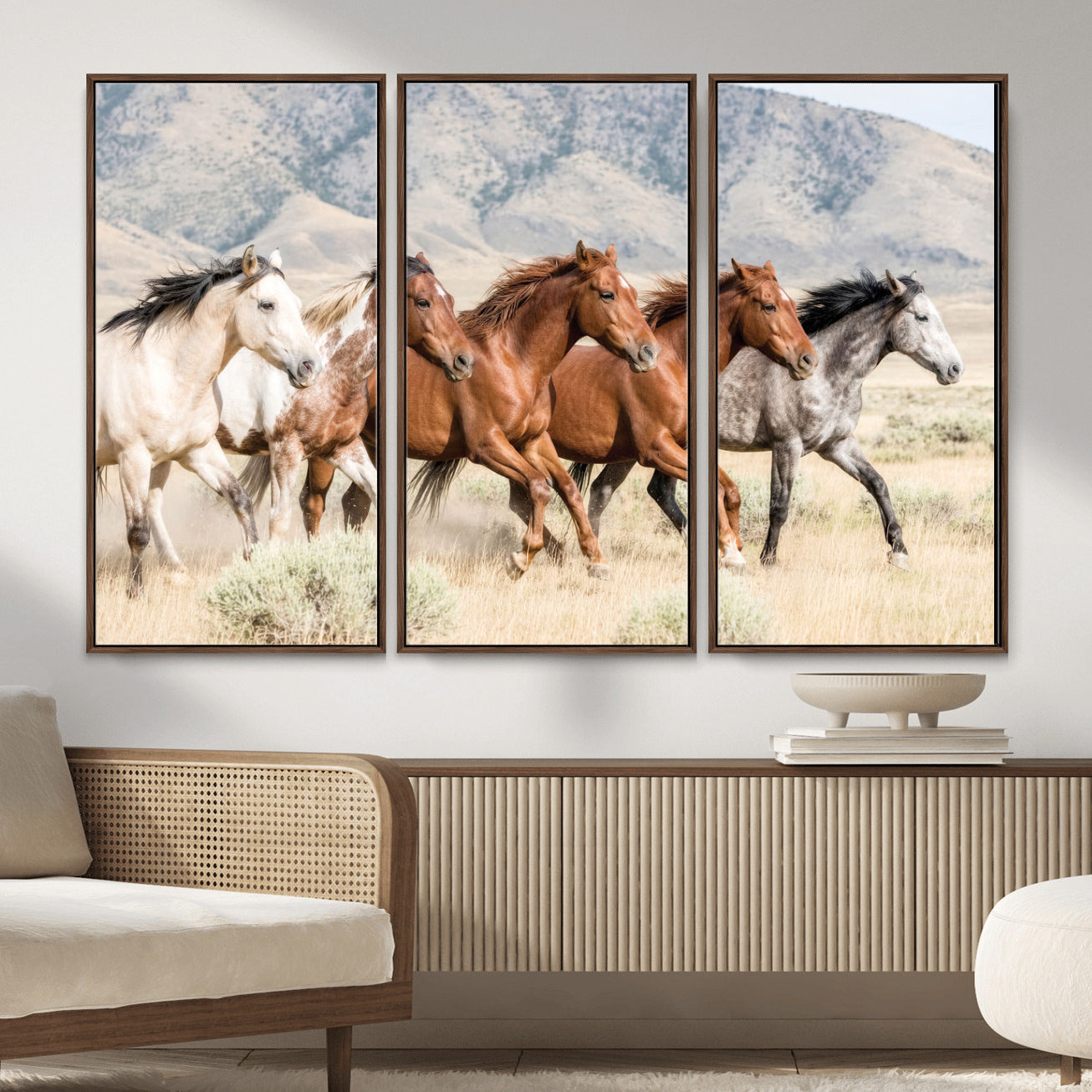 68345893-MGV-CV-36X24 - Five Mustangs Running Wild in Mountain Valley Wall Art Canvas Print - Rustic Western Decor