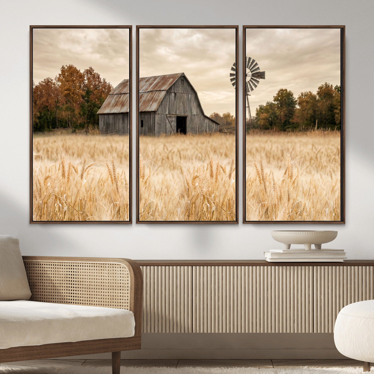 99640659-MGV-CV-36X24 - Rustic Farmhouse Barn and Windmill Wall Art Canvas Print, Country Landscape Photography Print