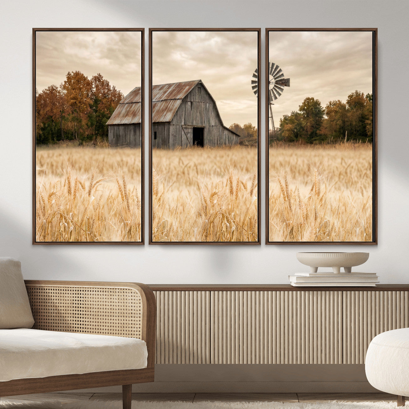 99640659-MGV-CV-36X24 - Rustic Farmhouse Barn and Windmill Wall Art Canvas Print, Country Landscape Photography Print