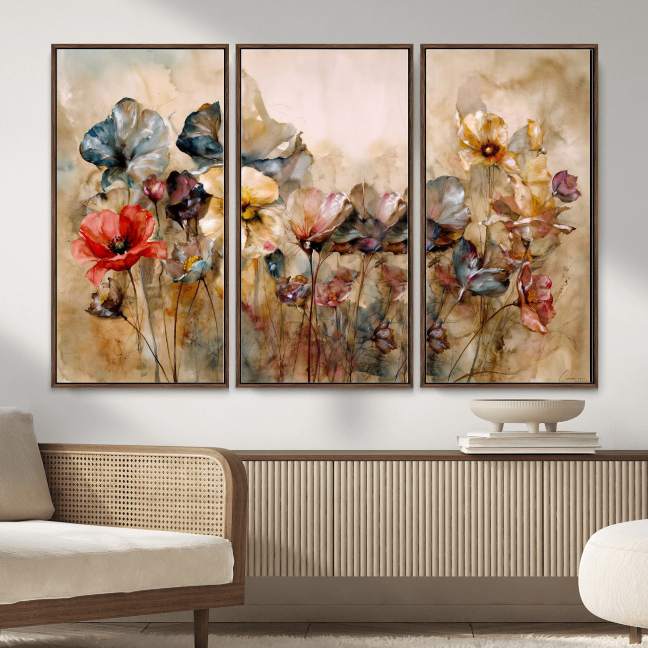 11407233-MGV-CV-36X24 - Vintage Dried Floral Meadow Wall Art Canvas Print, Translucent Watercolor Flowers Painting Print