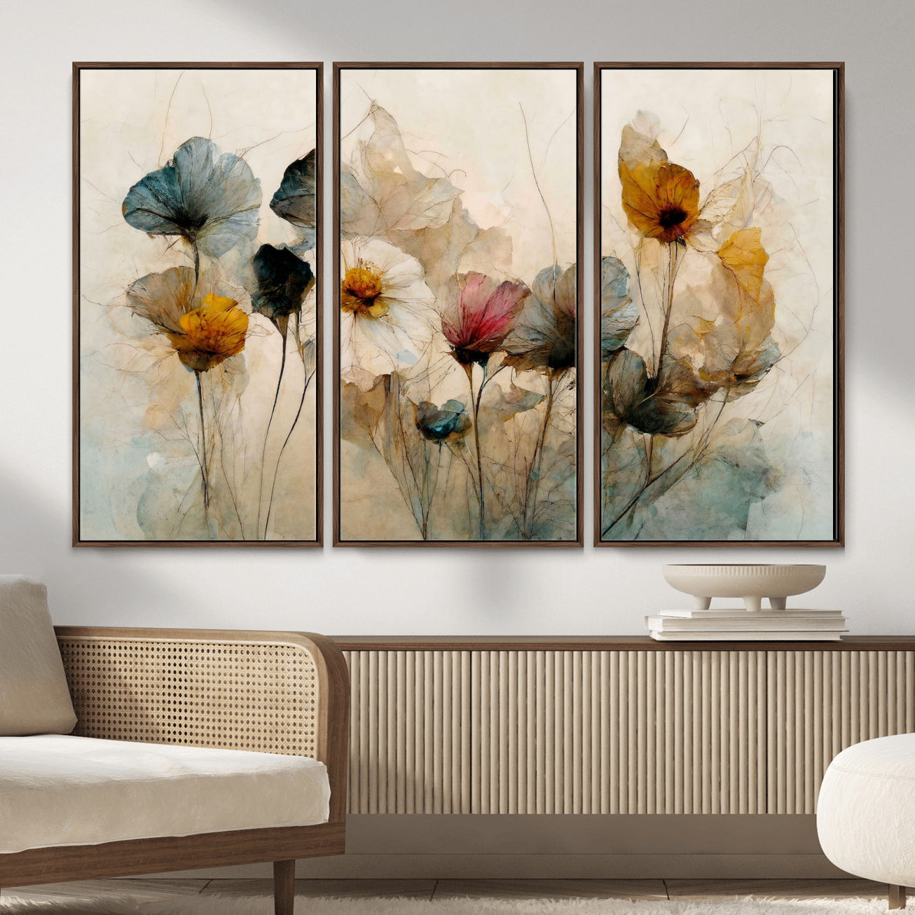 86802229-MGV-CV-36X24 - Vintage Dried Floral Meadow Wall Art Canvas Print, Translucent Watercolor Flowers Painting Print