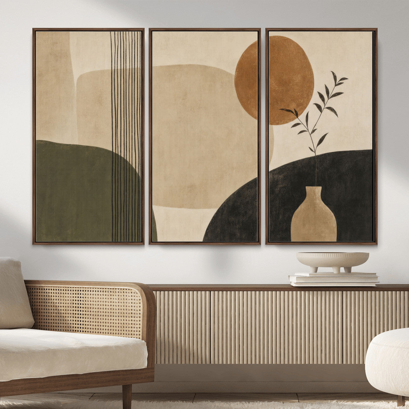 29113684-MGV-CV-36X24 - Japandi Minimalist Abstract Wall Art Canvas Print, Sage Green and Terracotta Sun Botanical Painting Print