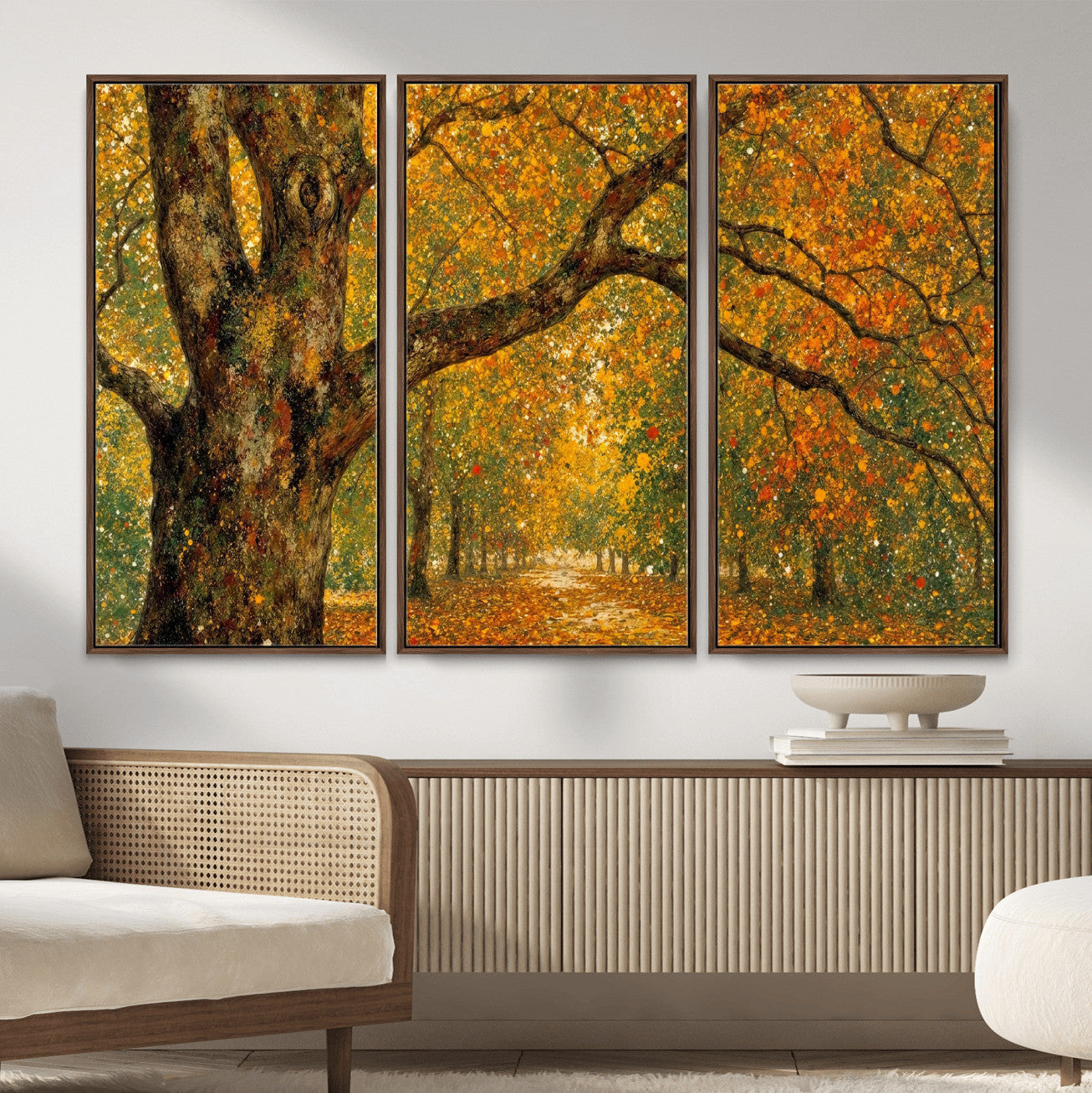 11536138-MGV-CV-36X24 - Vintage Autumn Forest Path Wall Art Canvas Print, Golden Leaves Impressionist Painting Print