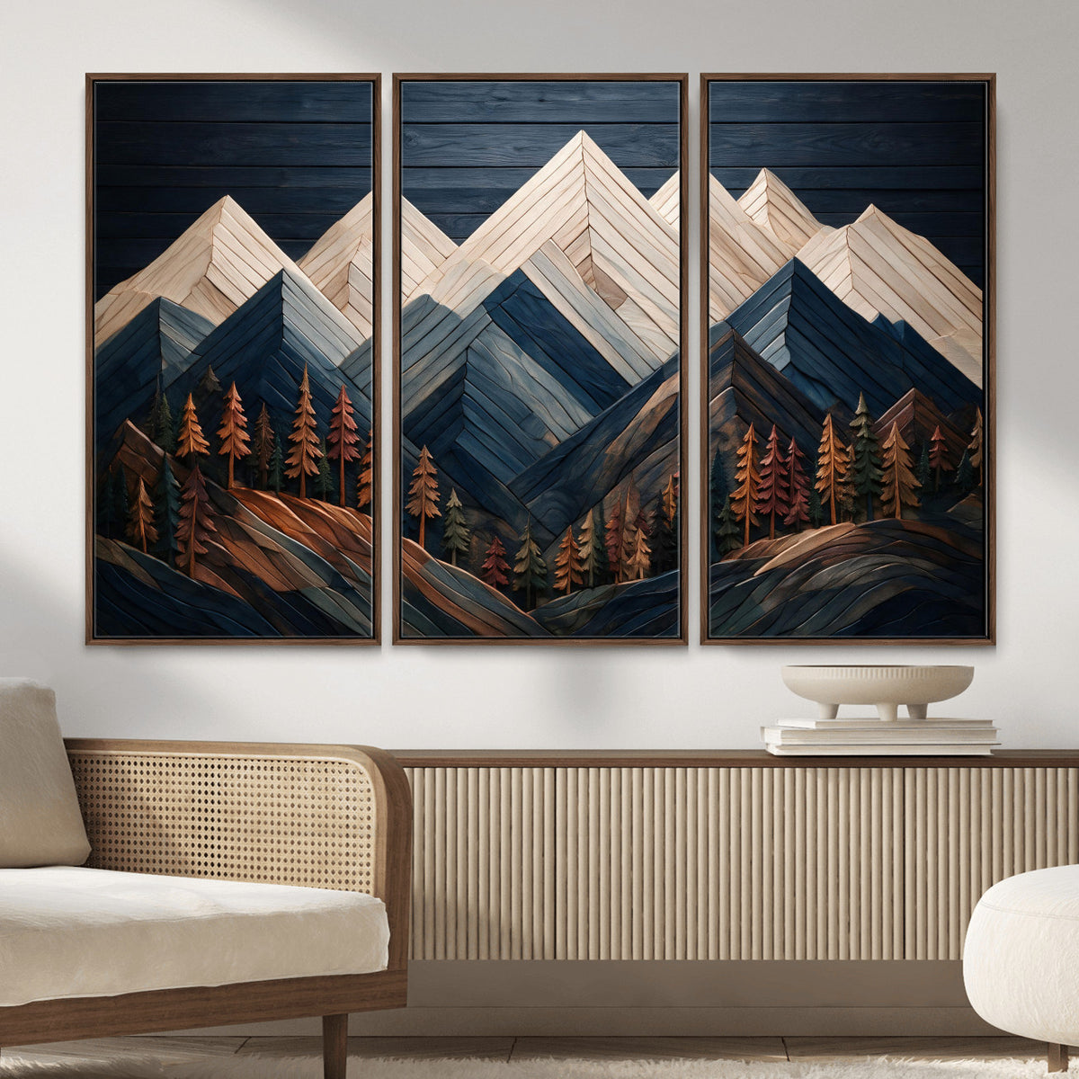87765072-MGV-CV-36X24 - Geometric Wood Mountain Wall Art Canvas Print, 3D Look Rustic Mosaic Landscape Print
