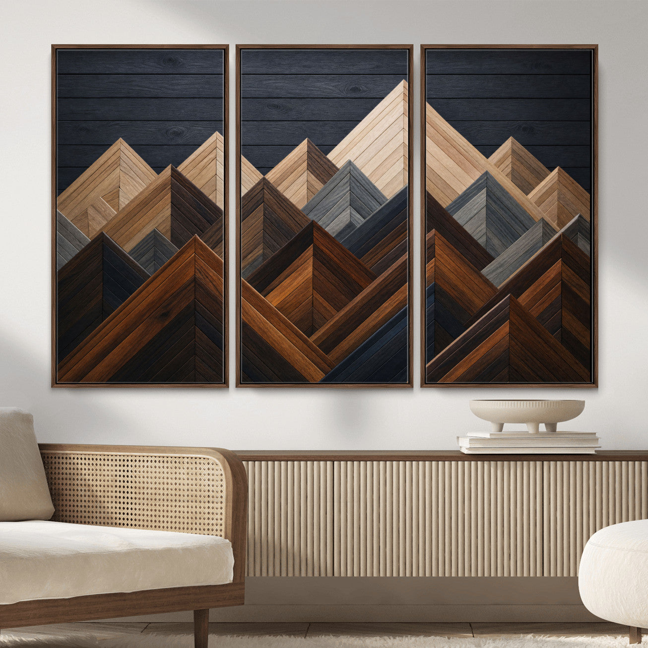 70531117-MGV-CV-36X24 - Geometric Wood Mountain Wall Art Canvas Print, 3D Look Rustic Mosaic Landscape Print