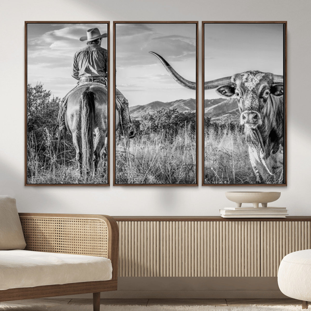 62076449WB-MGV-CV-36X24 - Texas Cowboy and Longhorn Bull Print for Western Wall Art Decor for Farmhouse