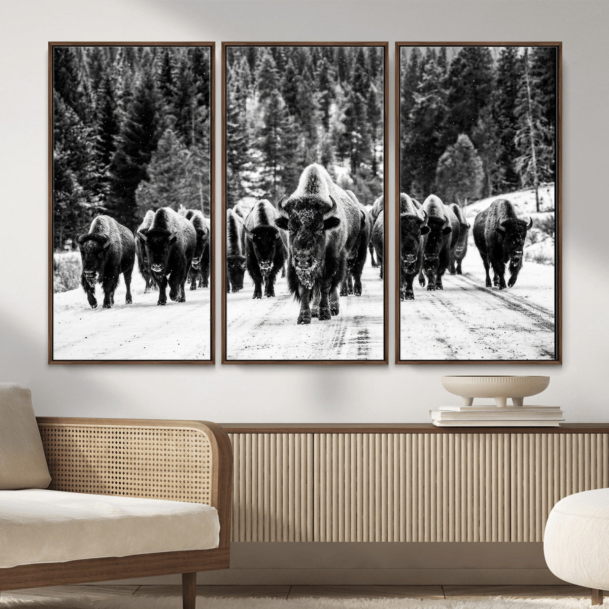 79337077-MGV-CV-36X24 - Black and White Bison Canvas Art, American Buffalo Print, Winter Wildlife Photography, Rustic Forest Wall Decor, Large Statement Nature Gift