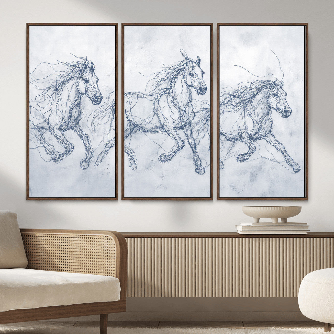 41163601-MGV-CV-36X24 - Indigo Blue Horse Line Art Canvas, Steel Grey Wild Horses Print, Abstract Navy Scribble Artwork, Modern Slate Equine Wall Decor, Coastal Ranch Gift