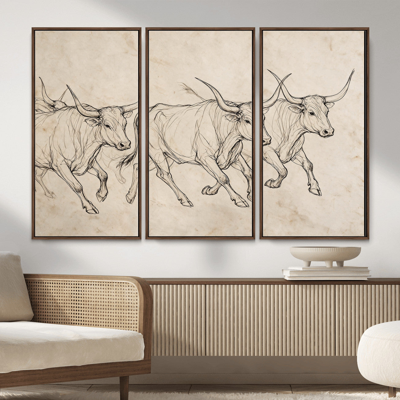 87177621-MGV-CV-36X24 - Minimalist Longhorn Line Art, Modern Texas Bull Canvas Print, Abstract Western Wall Decor, Continuous Line Artwork, Black White Ranch Gift