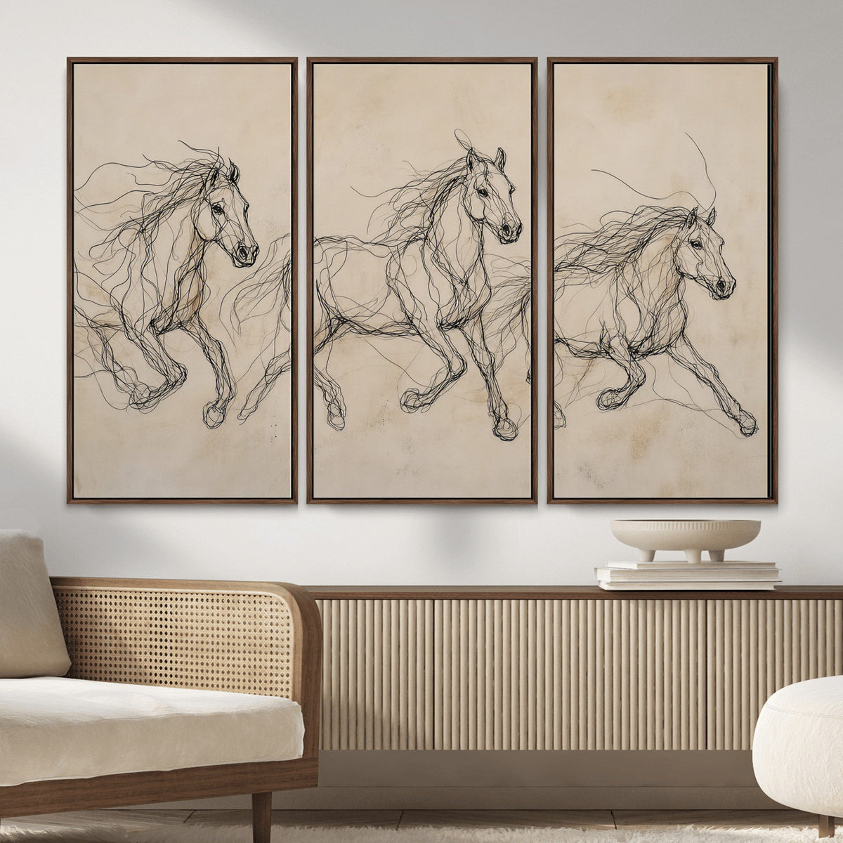 81051673-MGV-CV-36X24 - Abstract Horse Line Art Canvas, Gesture Sketch Wild Horses Print, Modern Scribble Artwork, Minimalist Equine Wall Decor, Rustic Studio Gift