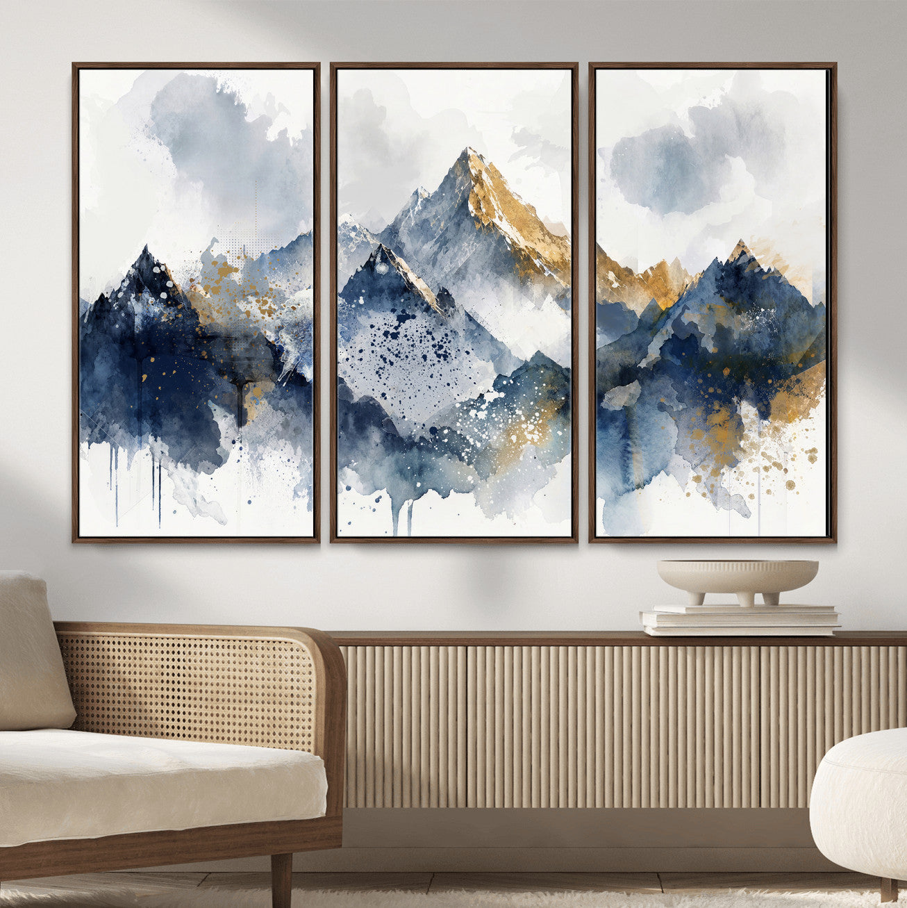 87460616-MGV-CV-36X24 - Abstract Mountain Canvas Wall Art, Blue Gold Foil Landscape Print, Modern Indigo Watercolor Poster, Large Abstract Nature, Luxury Office Gift