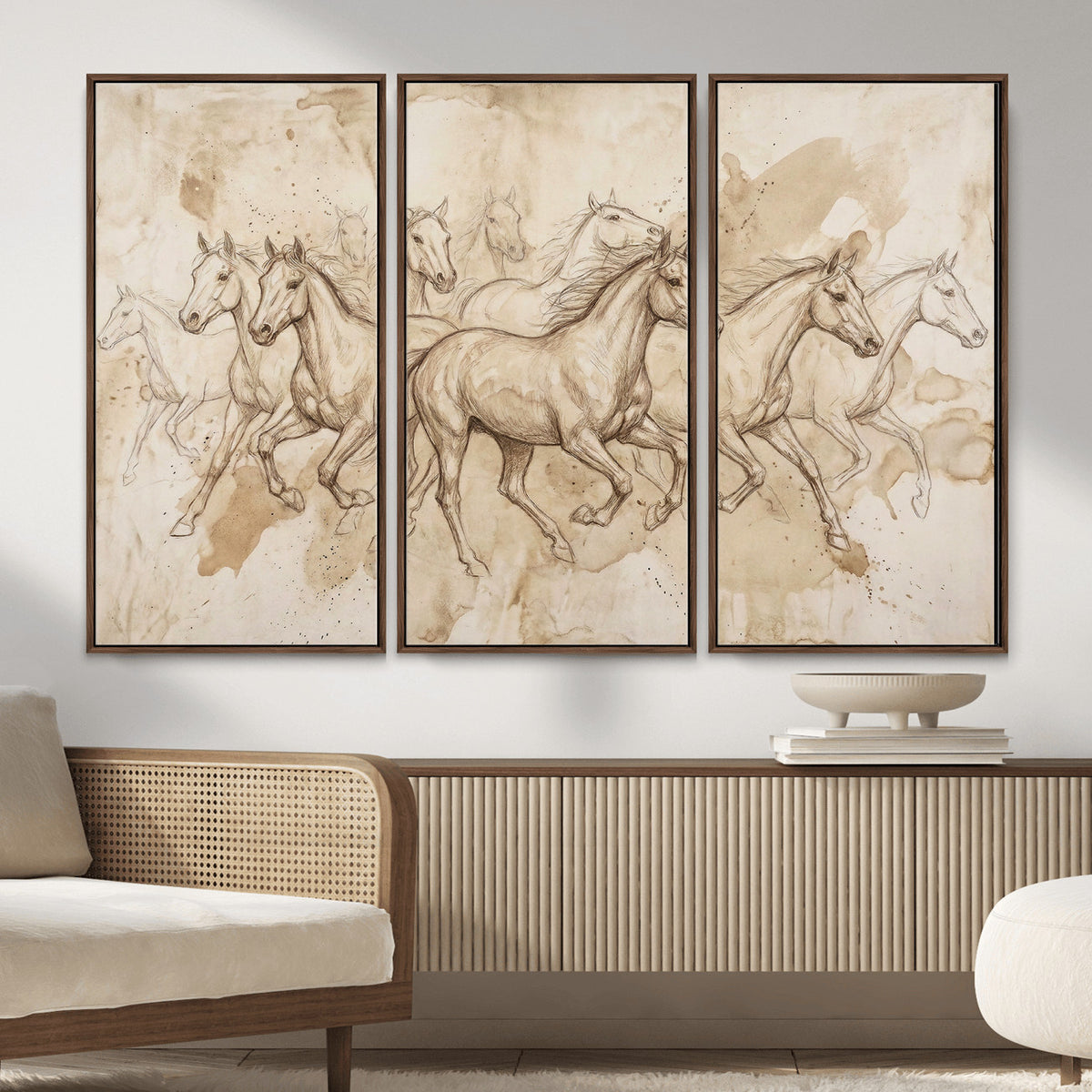 52233469-MGV-CV-36X24 - Vintage Horse Sketch Canvas Wall Art, Wild Horses Pencil Drawing Print, Antique Parchment Western Decor, Equine Sketching, Country Manor Gift