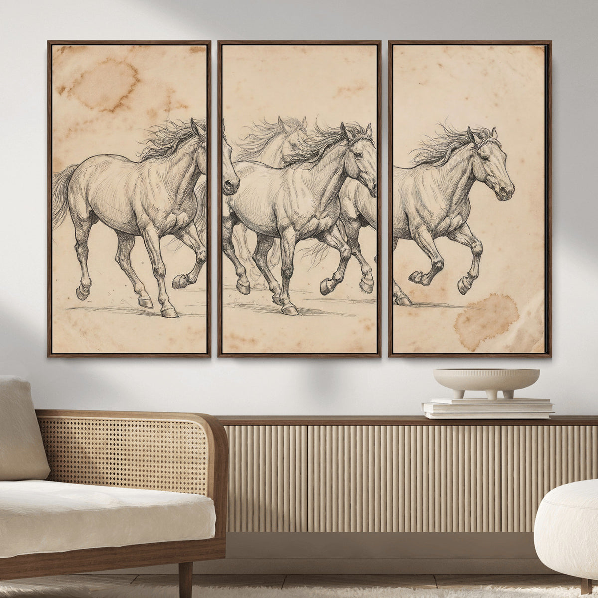 16644391-MGV-CV-36X24 - Vintage Horse Sketch Canvas Wall Art, Wild Horses Pencil Drawing Print, Antique Parchment Western Decor, Equine Sketching, Country Manor Gift