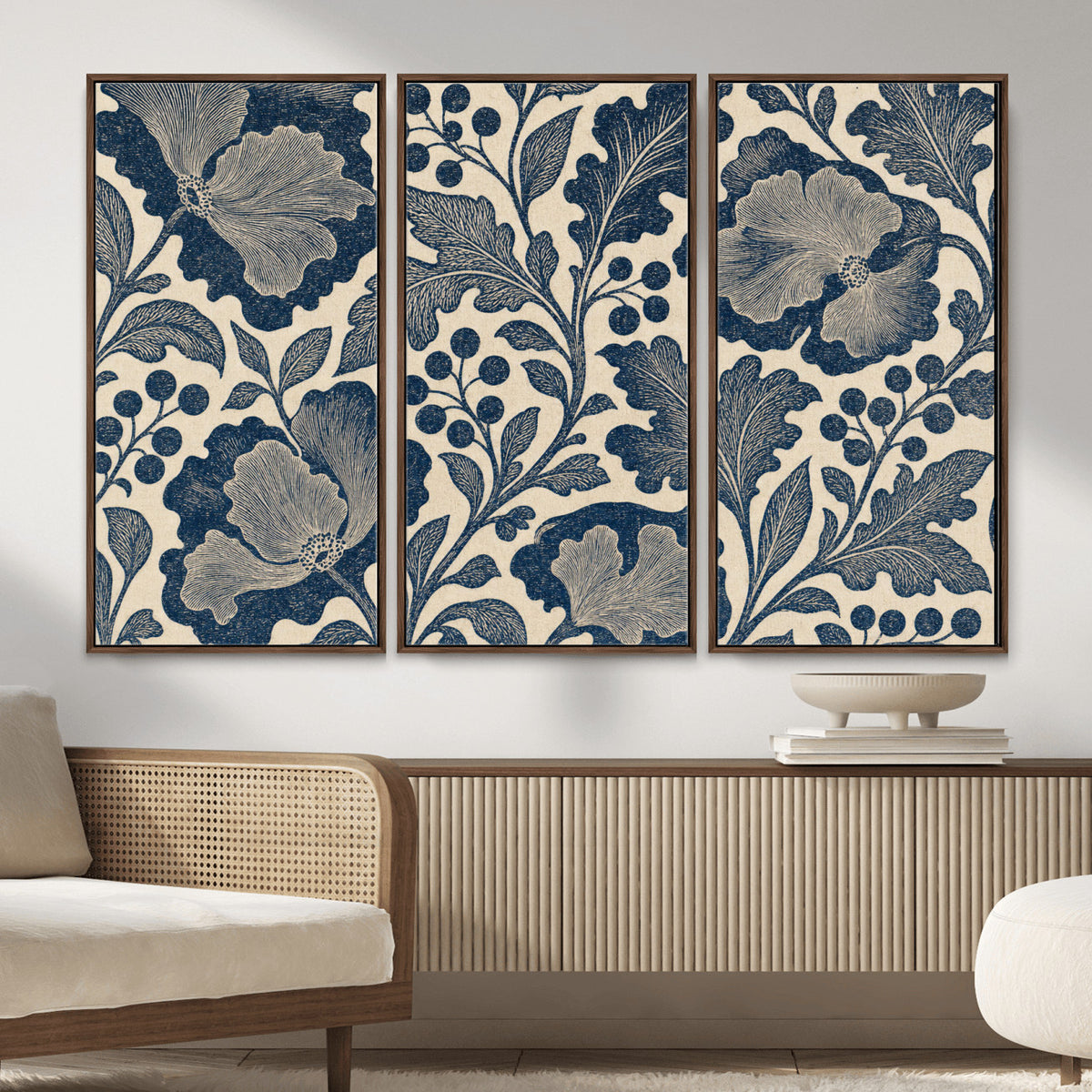 23824002-MGV-CV-36X24 - William Morris Style Navy Blue Floral Wall Art Canvas Print, Vintage Cream Botanical Painting Print