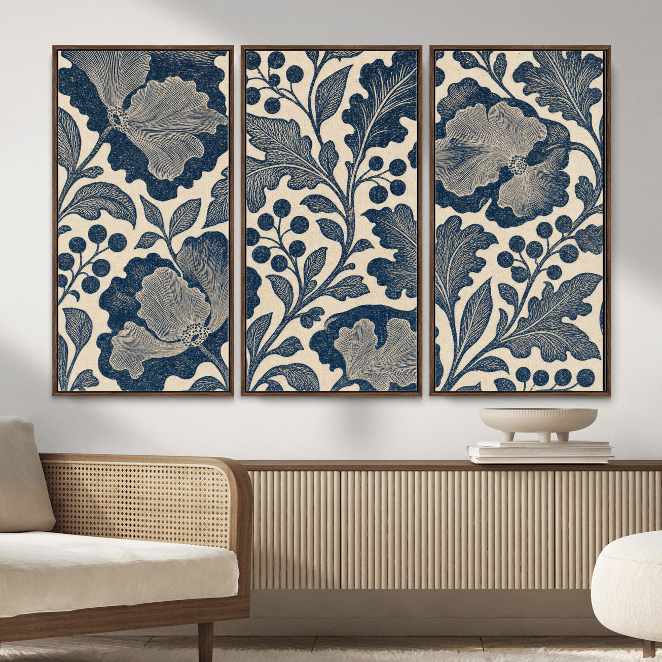 23824002-MGV-CV-36X24 - William Morris Style Navy Blue Floral Wall Art Canvas Print, Vintage Cream Botanical Painting Print