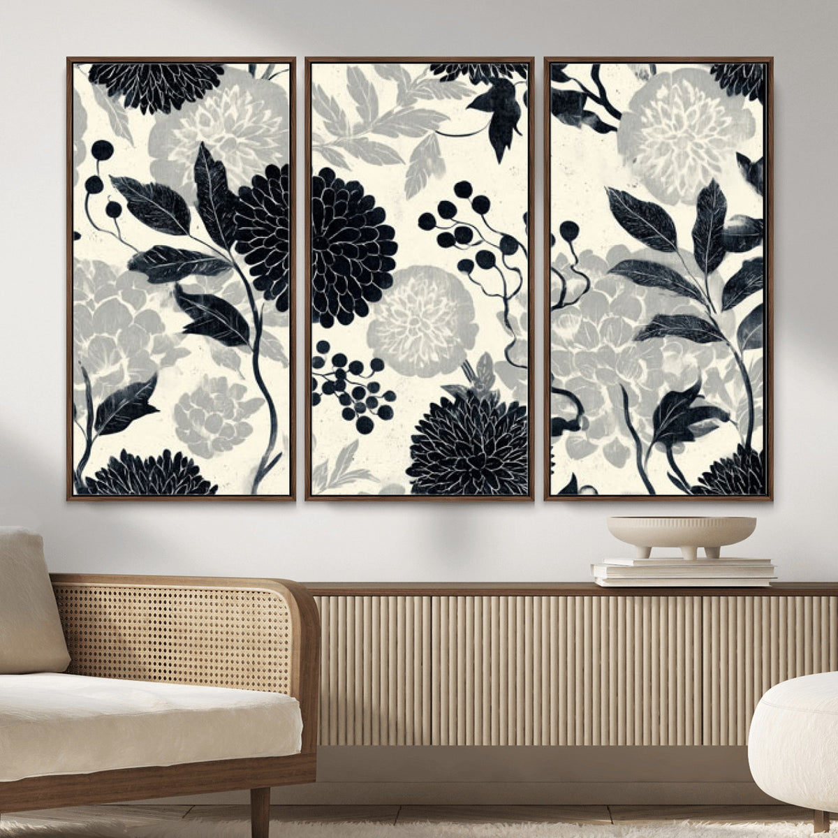 61524791-MGV-CV-36X24 - Vintage Black Chrysanthemum Wall Art Canvas Print, Monochrome Dhalia Floral Painting Print