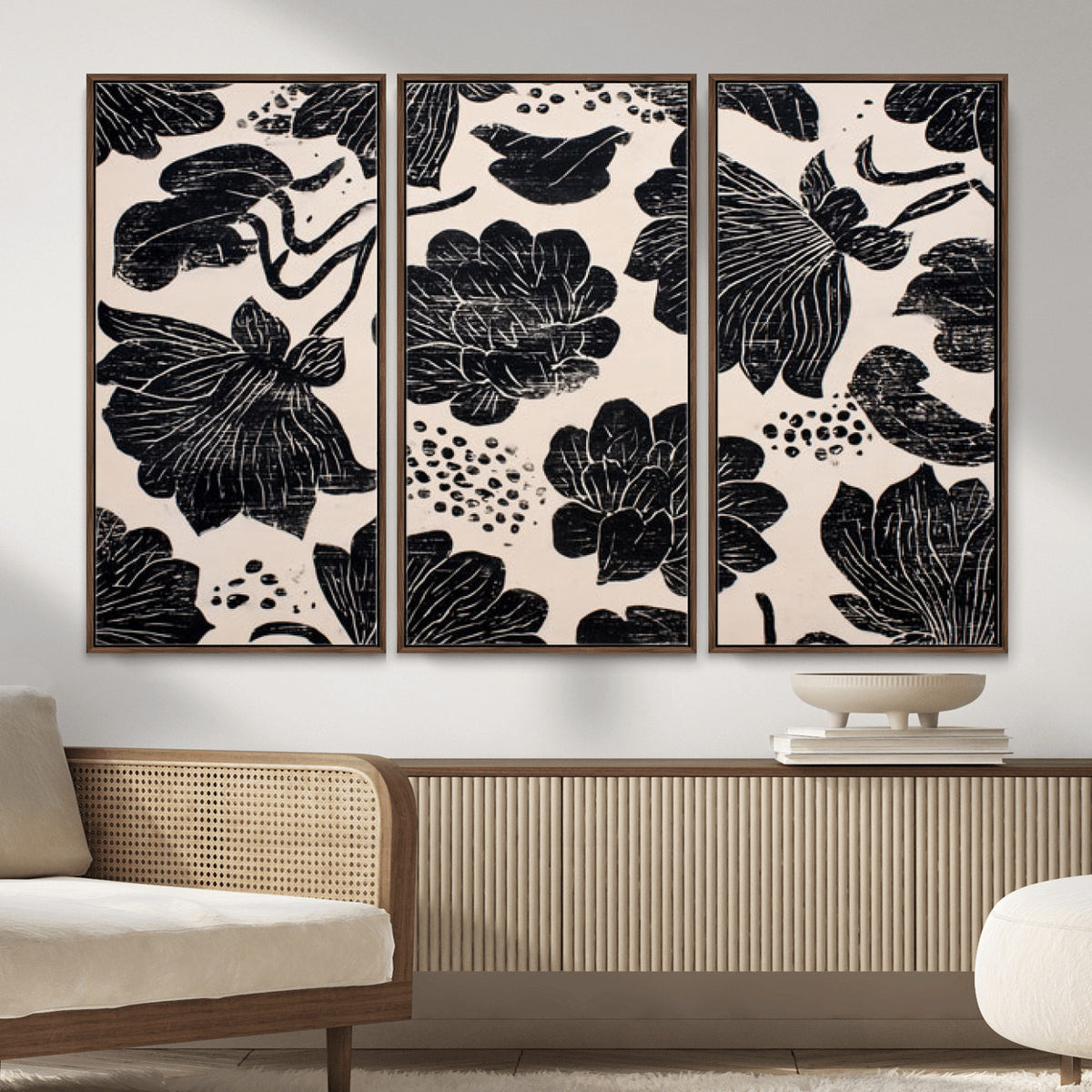 81787117-MGV-CV-36X24 - Linocut Black Lotus Floral Wall Art Canvas Print, Vintage Monochrome Botanical Painting Print