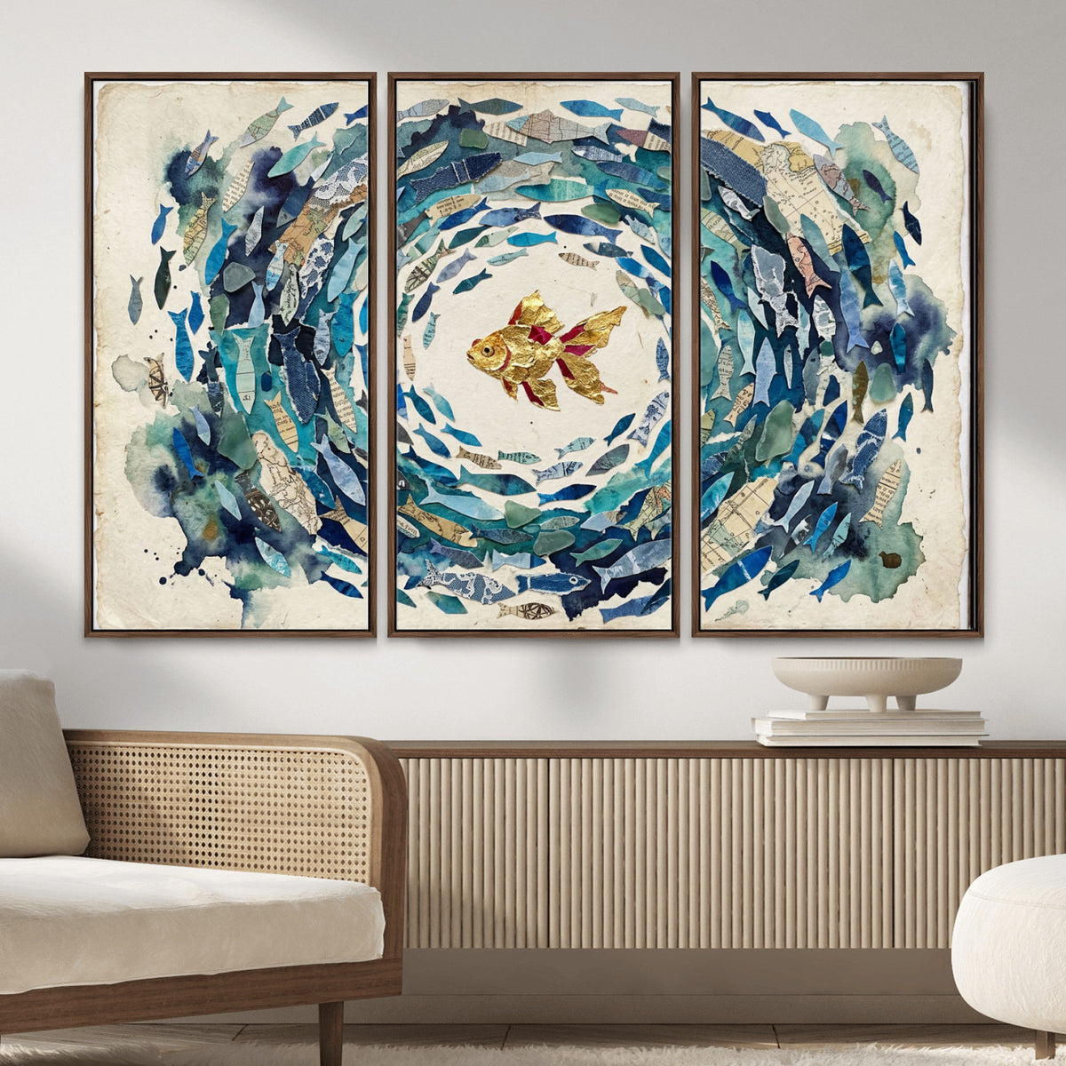73165663-MGV-CV-36X24 - Mixed Media Blue Fish Swirl Canvas Wall Art, Goldfish Collage Ocean Print