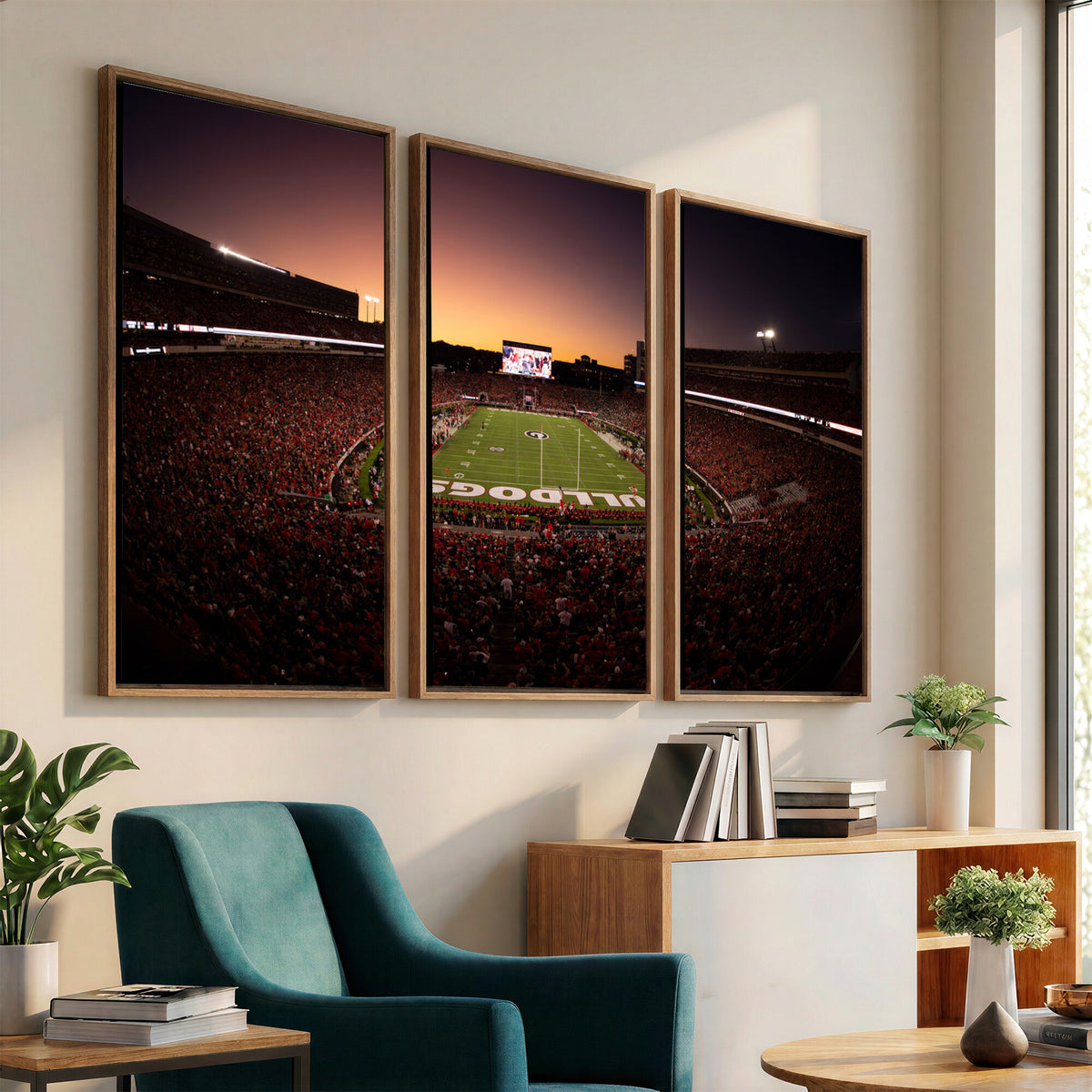 97720998-_Poster-30x20 - Georgia Bulldogs Stadium Sunset Canvas Print 3 Piece Framed Wall Art Extra Large Floating Frame Sports Poster Made in USA
