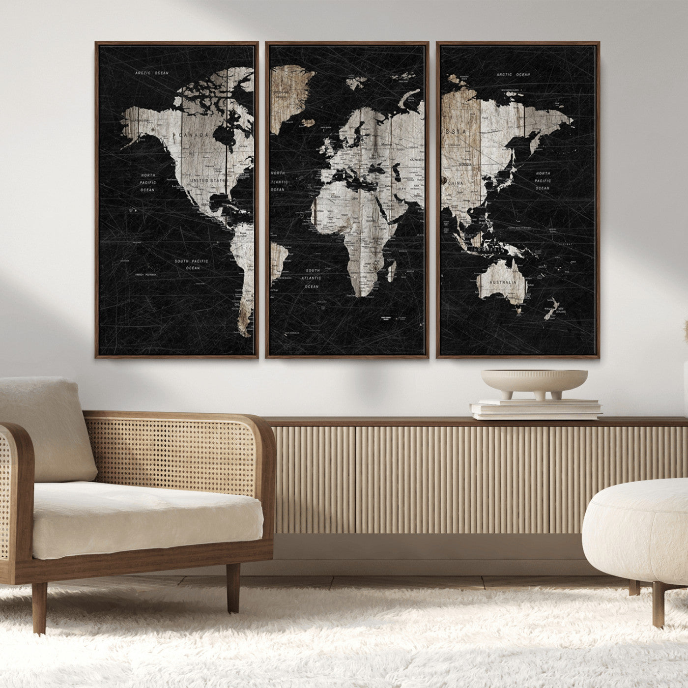 89998-MGV-FC-48X32-3P_Walnut-Rustic Black and Wood World Map Canvas Wall Art – Framed Push Pin Travel Map for Home and Office Decor, Modern Vintage Wall Artwork