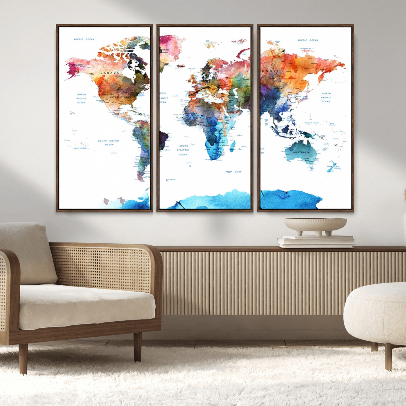 11576-MGV-CV-36X24-Vibrant Watercolor World Map Canvas Wall Art – Framed Push Pin Travel Map for Home and Office Decor, Modern Colorful Wall Artwork