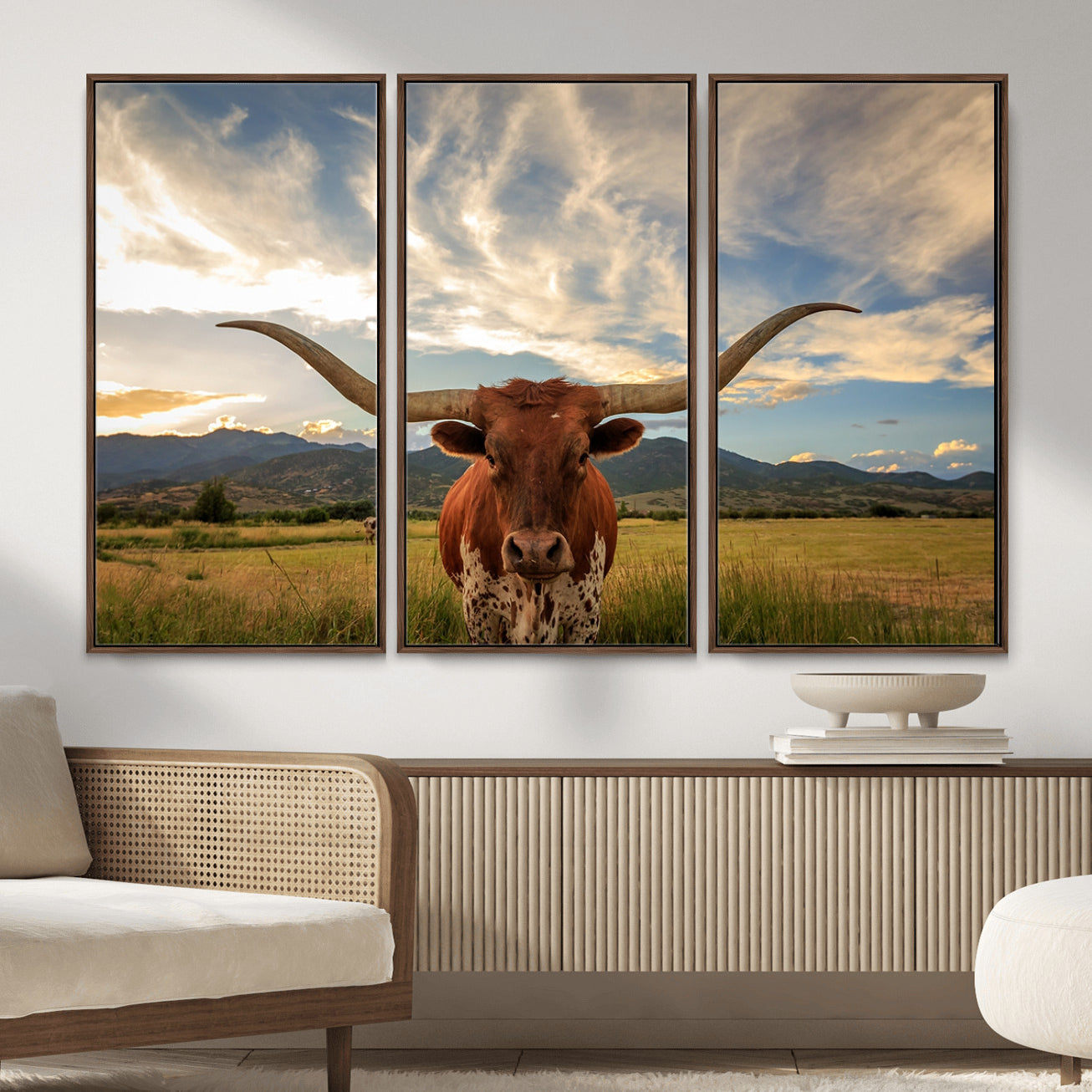 55416-MGV-CV-36X24 - Texas Longhorn Canvas Wall Art – Majestic Triptych Animal Print – Rustic Western Decor for Living Room