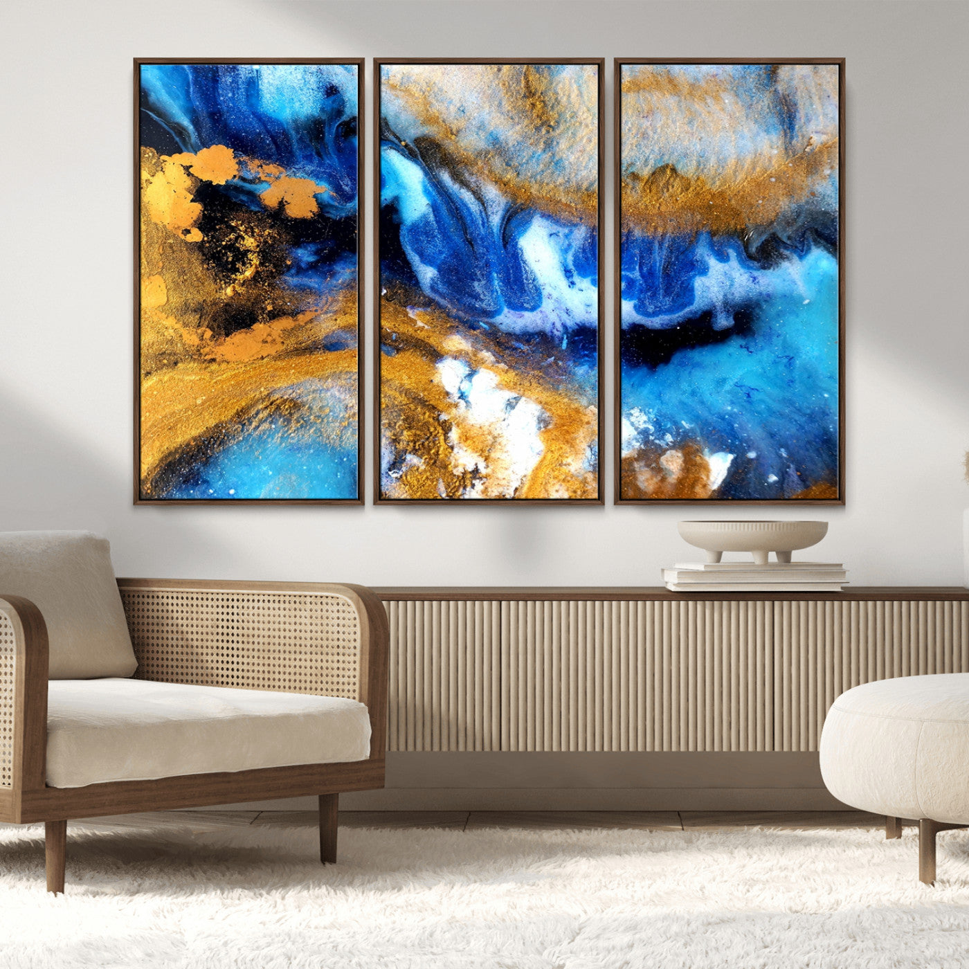 42100-MGV-CV-36X24-Blue Orange Marble Fluid Effect Canvas Wall Art Print