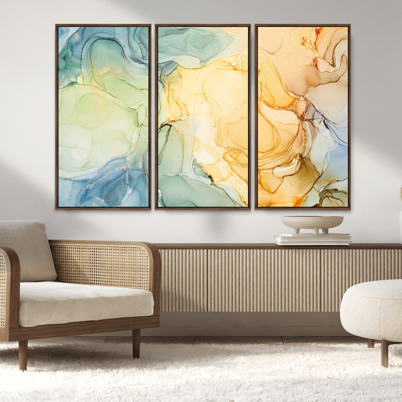 42195-MGV-FC-48X32-3P_Walnut-Green and Yellow Marble Fluid Effect Wall Art, Green and Yellow Marble Canvas Wall Art Print