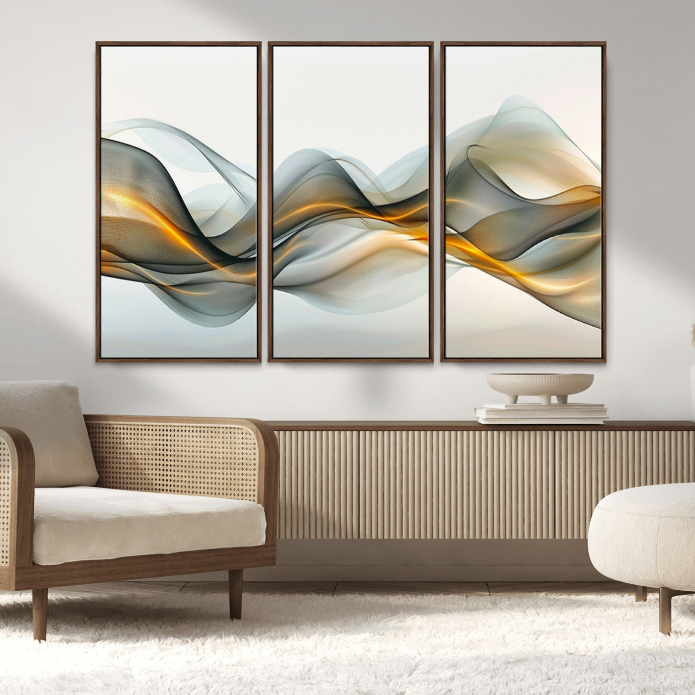 ES1001-MGV-FC-48X32-3P_Walnut-Abstract Wave Canvas Wall Art – Fluid Contemporary Elegance in Motion – Ready to Hang