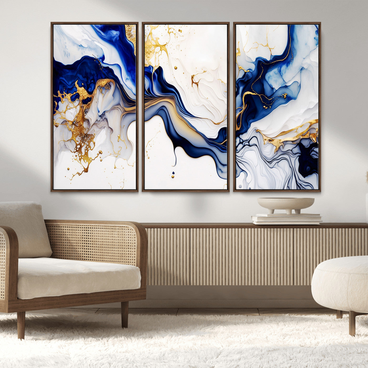 93392-MGV-FC-48X32-3P_Walnut-Golden Cascades on Midnight Blue – Deep Blue Abstract Wall Art Flowing Elegance | Wall Art Canvas,