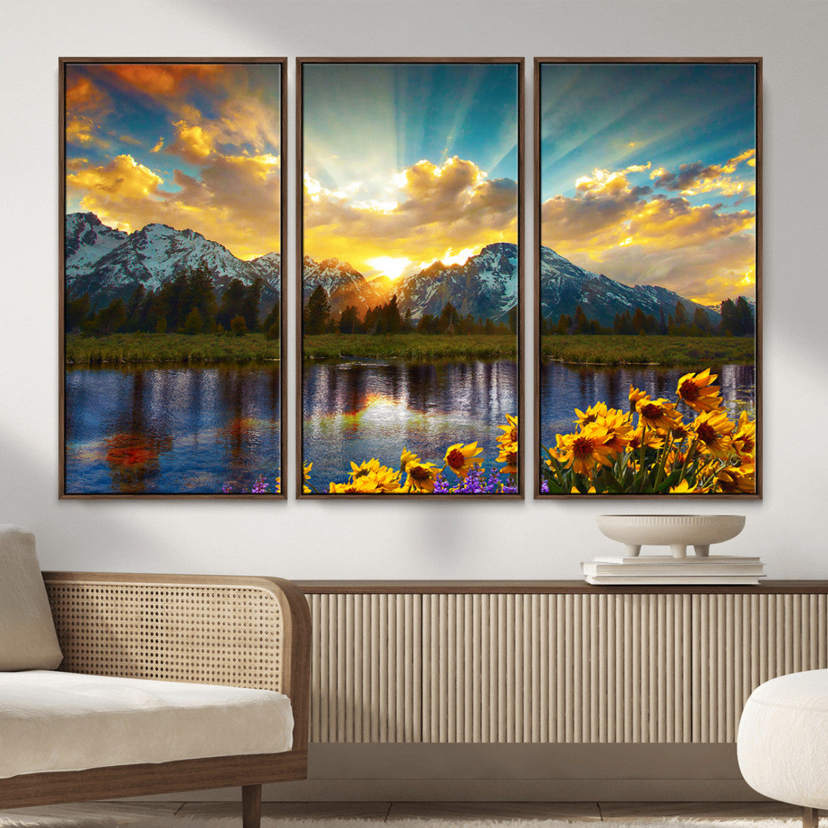 42292-MGV-CV-36X24-Mountain Sunrise Wall Art – Vibrant Landscape Canvas Print with Wildflowers and River Reflection, Nature Scenery Decor for Living Room or Bedroom