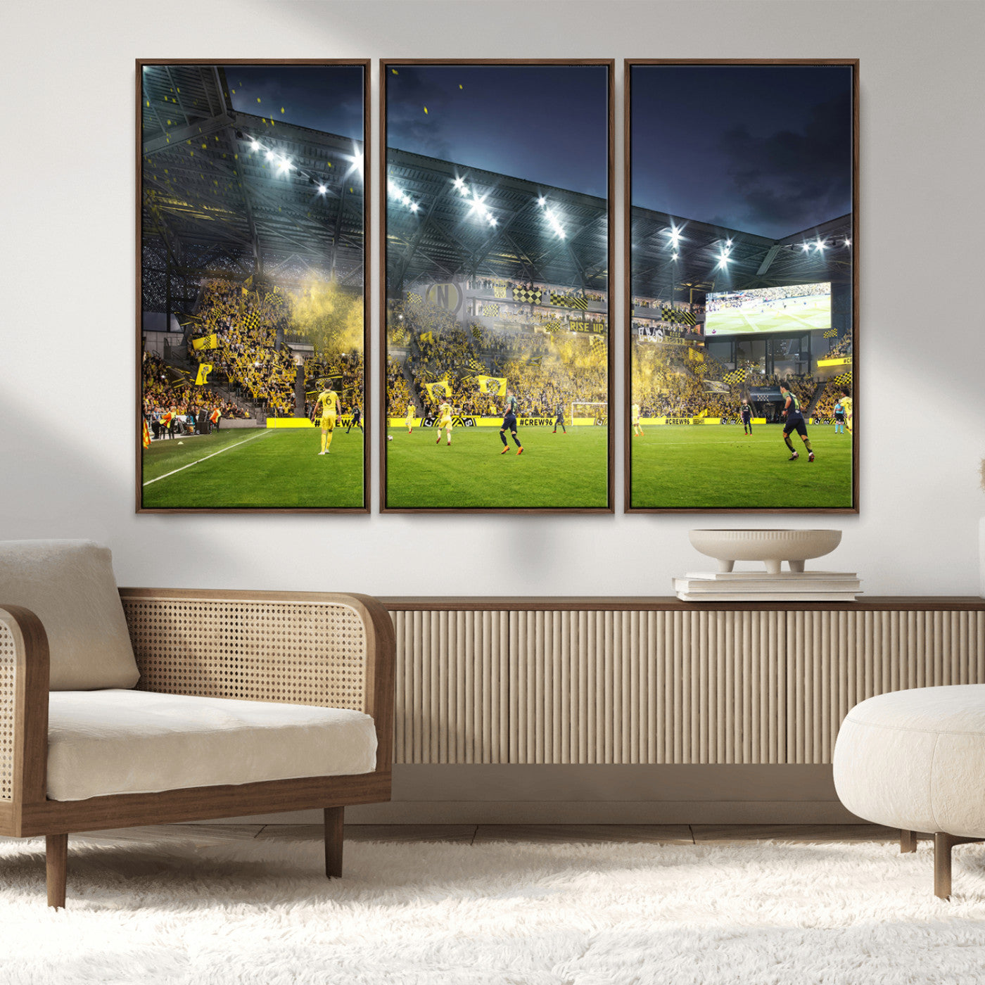 65820-MGV-FC-48X32-3P_Walnut-Columbus Crew Stadium Match Triple Canvas Wall Art - Dynamic MLS Game Scene Canvas Wall Art
