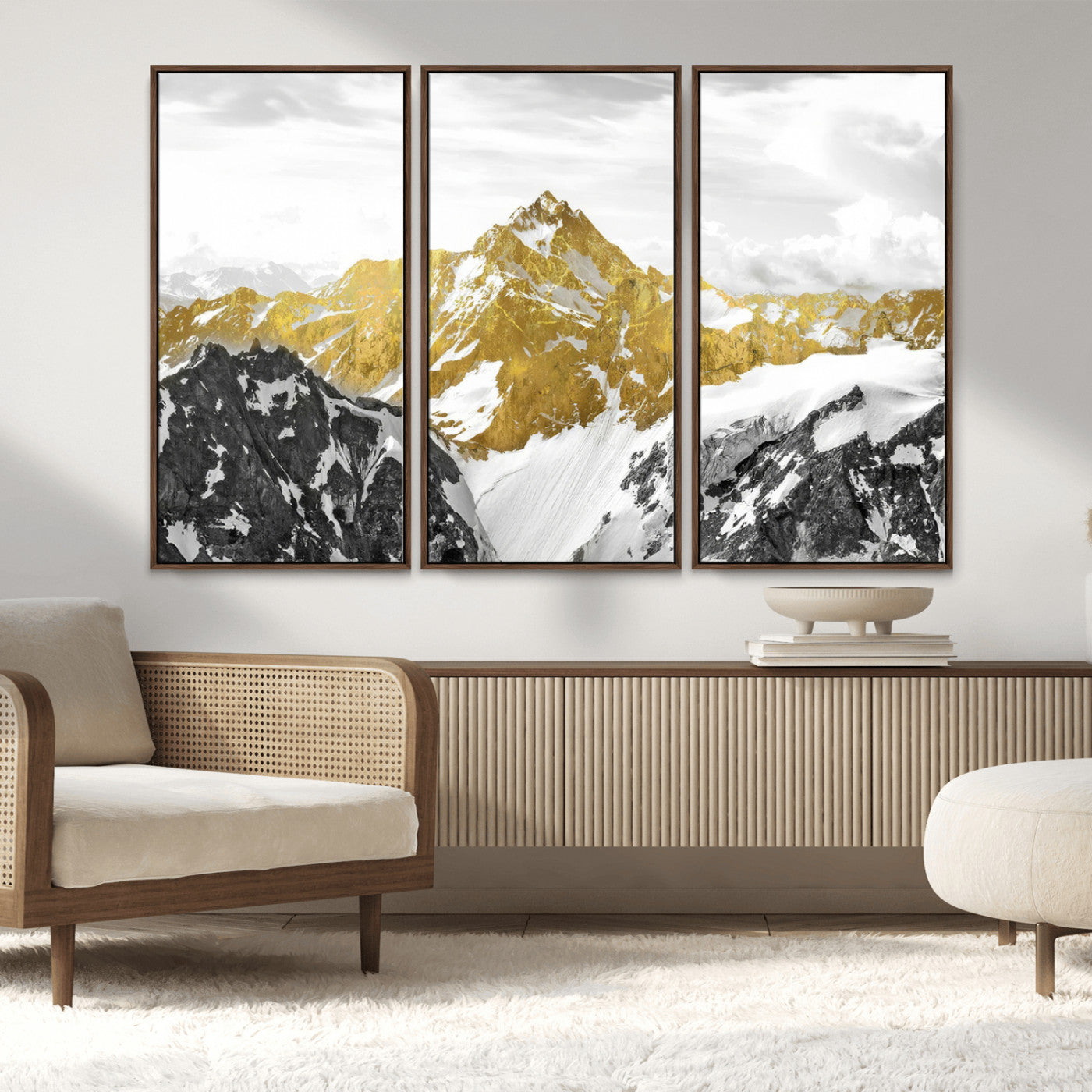 32102-MGV-FC-48X32-3P_Walnut-Gold Abstract Mountains Wall Art Print on Canvas, Nature Wall Art Print,