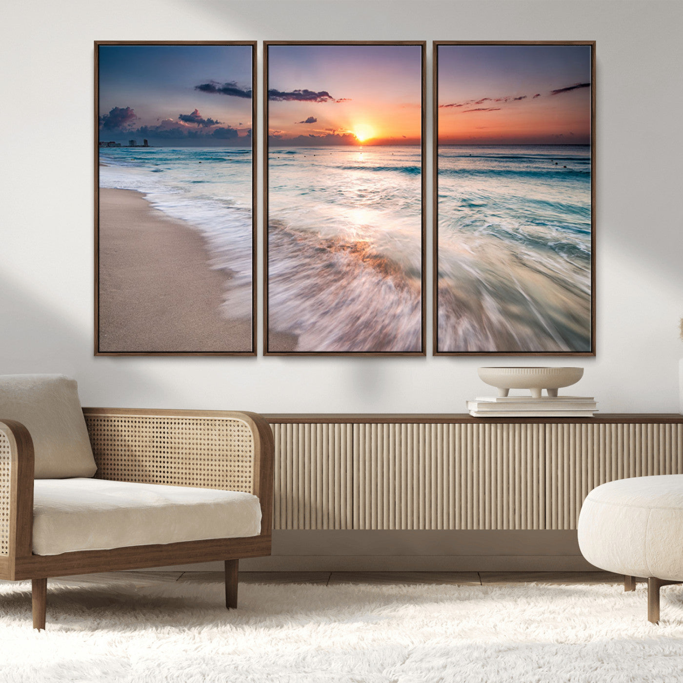 11379-MGV-FC-48X32-3P_Walnut-Sunset Beach Wall Art – Soothing Coastal Landscape, Ready to Hang for Tranquil Home Decor