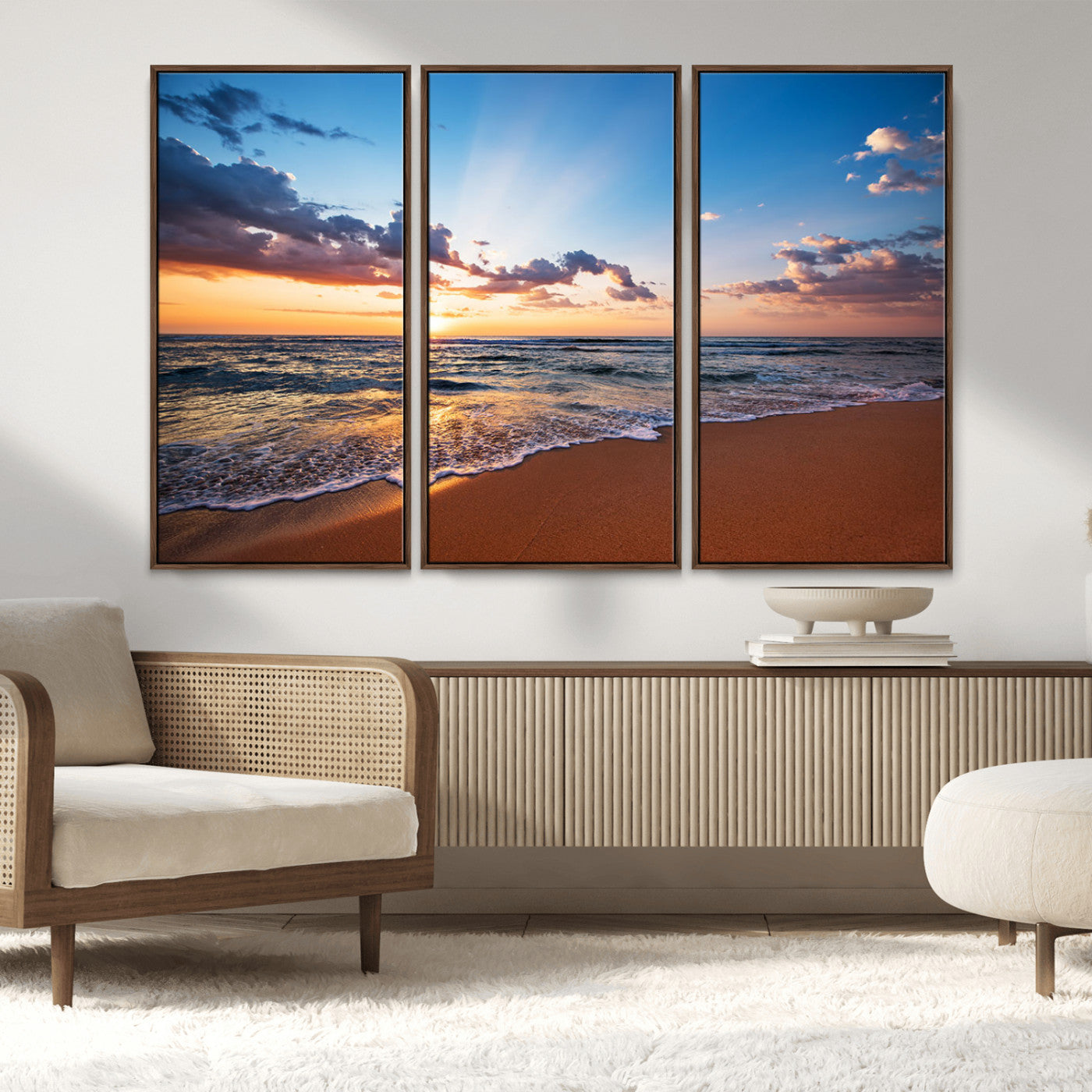 68915-MGV-FC-48X32-3P_Walnut-Golden Hour Beach Sunset Wall Art | Canvas Print | Ready to Hang | Coastal Wall Art for Living Room