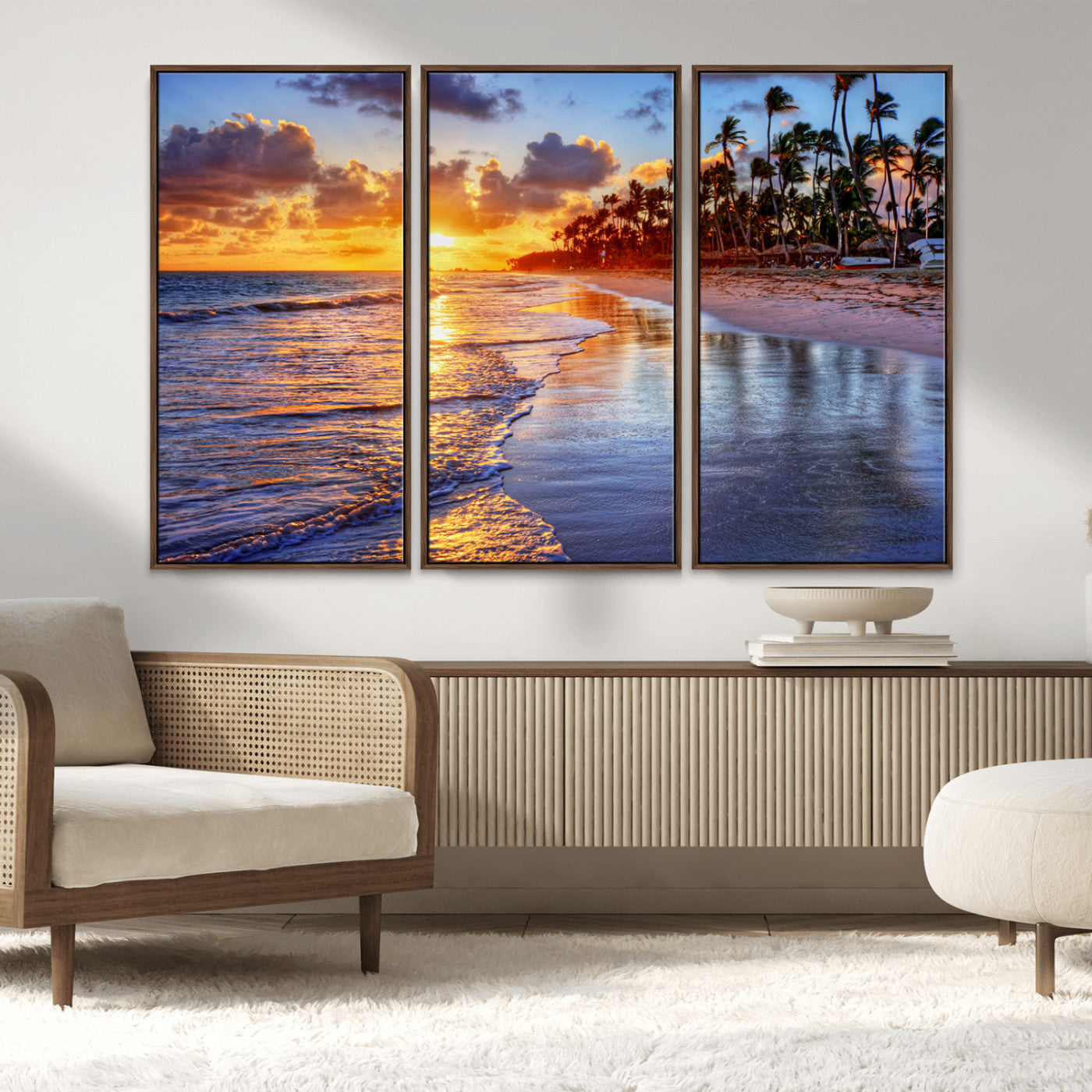 32177-MGV-FC-48X32-3P_Walnut-Serene Beach Sunset Wall Art Canvas- Coastal Seascape Print for Living Room or Bedroom, Ocean Waves